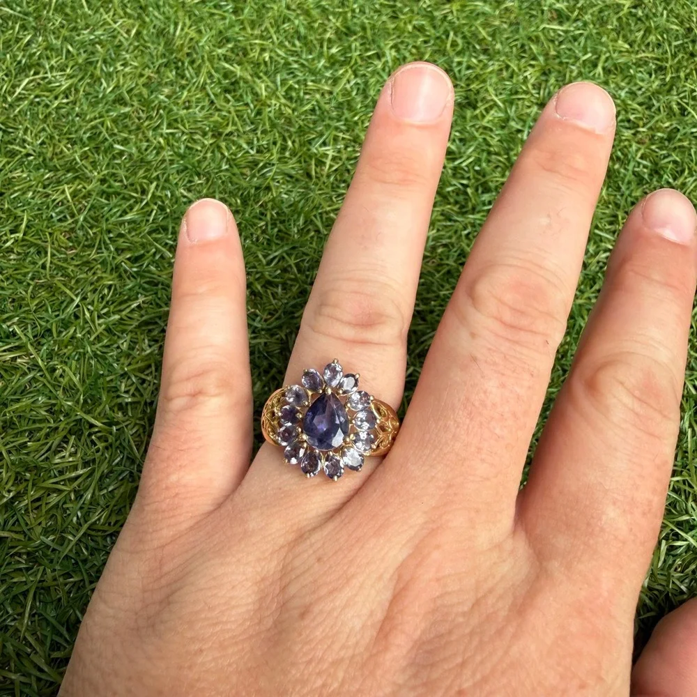 Vintage 10k Gold Pear Iolite Tanzanite Cluster Filigree Statement Ring Size 8.5‎